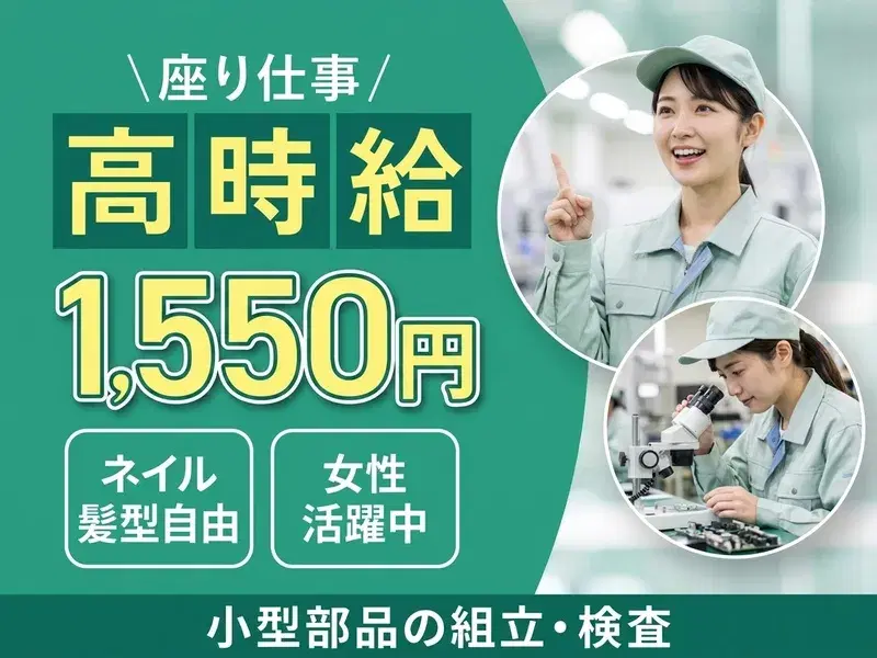 【定着慰労金10万円あり】座り仕事で高時給1、550円☆女性活躍中！小型部品の組立・検査◎ネイル・ピアス・髪型自由！の画像