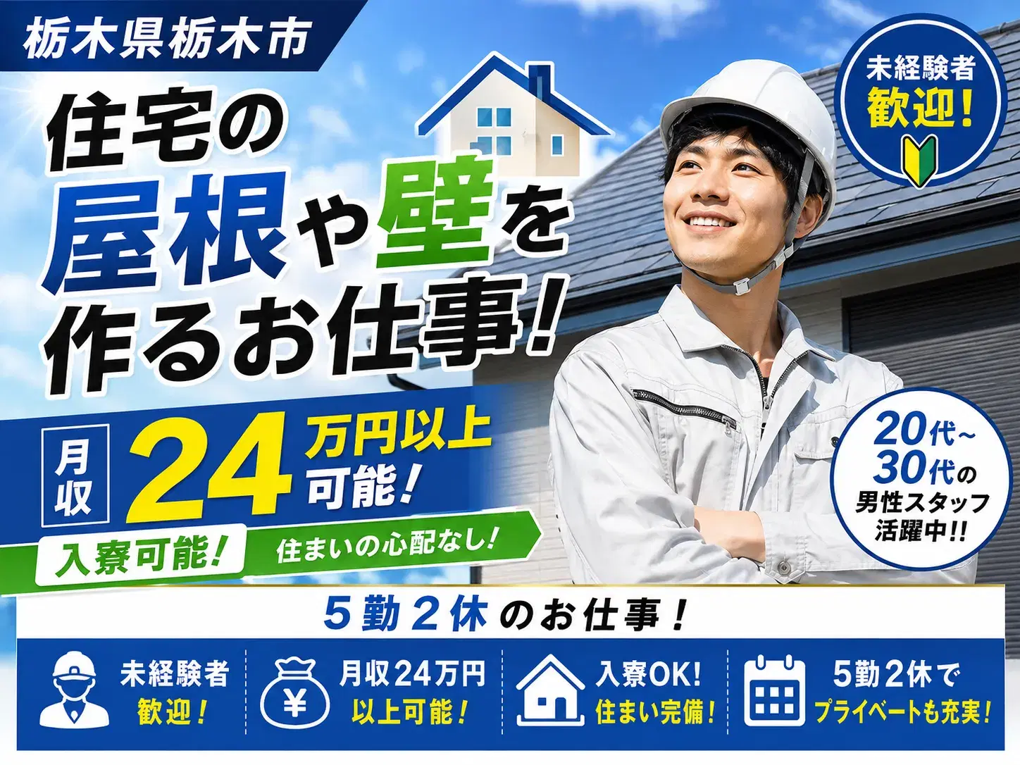 『栃木県栃木市』【住宅の屋根や壁を作るお仕事】月収24万円以上可能！入寮可能！20代～30代の男性スタッフ活躍中！！5勤2休のお仕事！未経験者歓迎！の画像