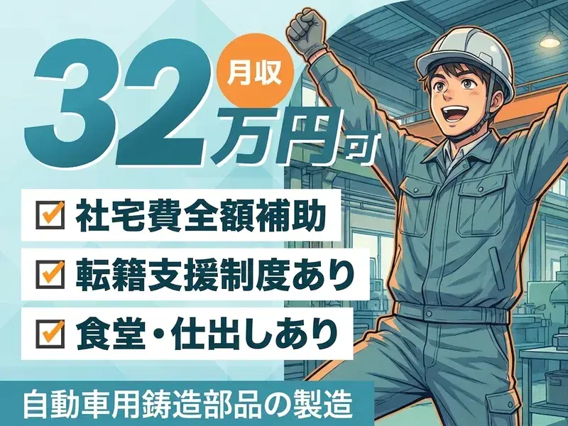 【月収32万円可×社宅費全額補助！】自動車用の鋳造部品の製造！土日休み◎転籍支援制度あり♪の画像