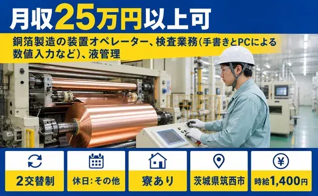 茨城県筑西市|銅箔製造の装置オペレーター、検査業務、液管理|長期休暇ありの画像