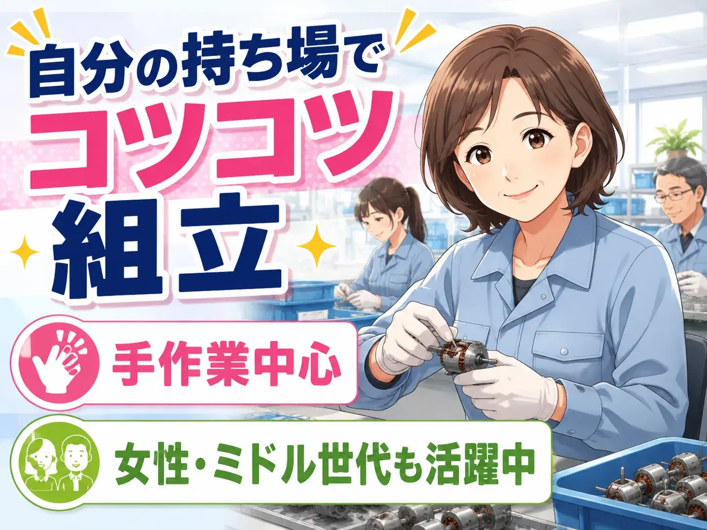 手作業中心のモーター部品組立スタッフ／2交替の画像