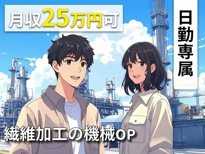 【日勤×月収25万円可】土日休み☆繊維加工の機械オペレーター!未経験OK♪残業少なめ◎の画像