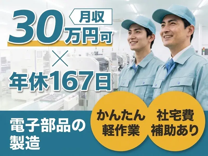 年休167日×月収30万円可！かんたん軽作業☆電子部品を液体に浸すだけ♪社宅費補助あり◎の画像