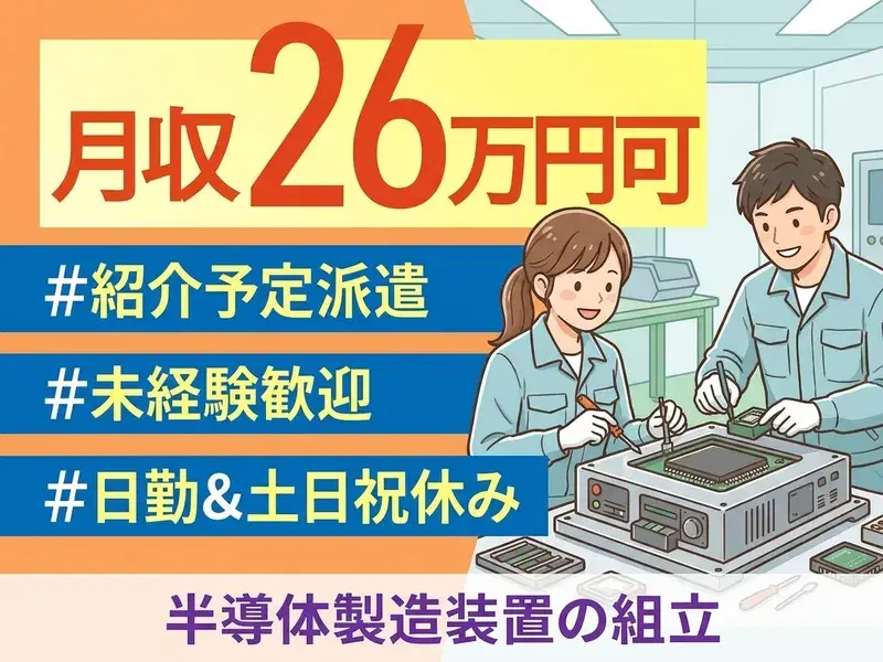 【紹介予定派遣】半導体製造装置の組立作業！未経験歓迎◎日勤&土日祝休み♪月収26万円可の画像