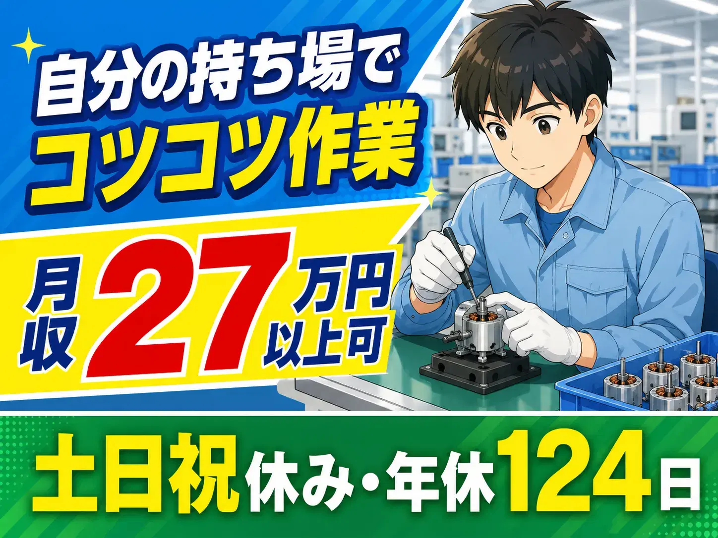 産業用モーターの組立スタッフ／2交替／月収27万円以上可の画像
