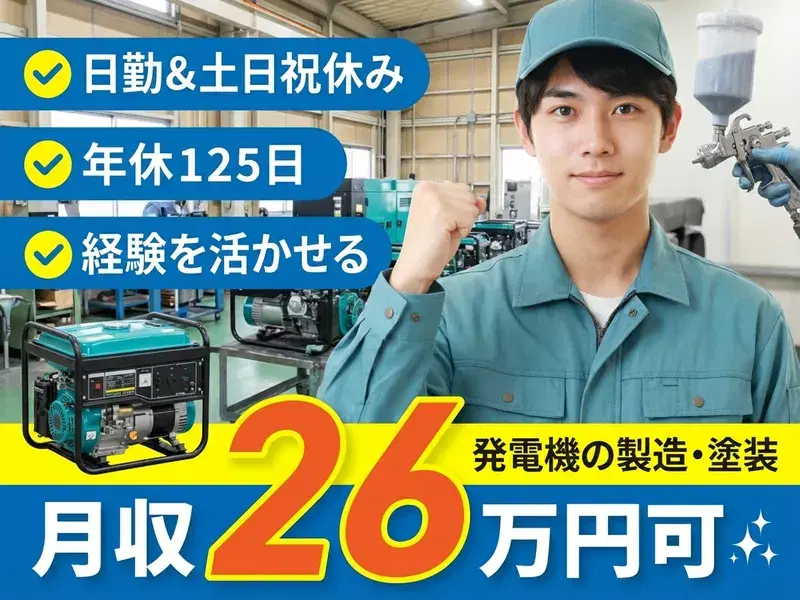 【年休125日×月収26万円可】経験を生かして活躍♪発電機の製造／塗装作業！日勤・土日祝休み★社宅費補助あり！の画像