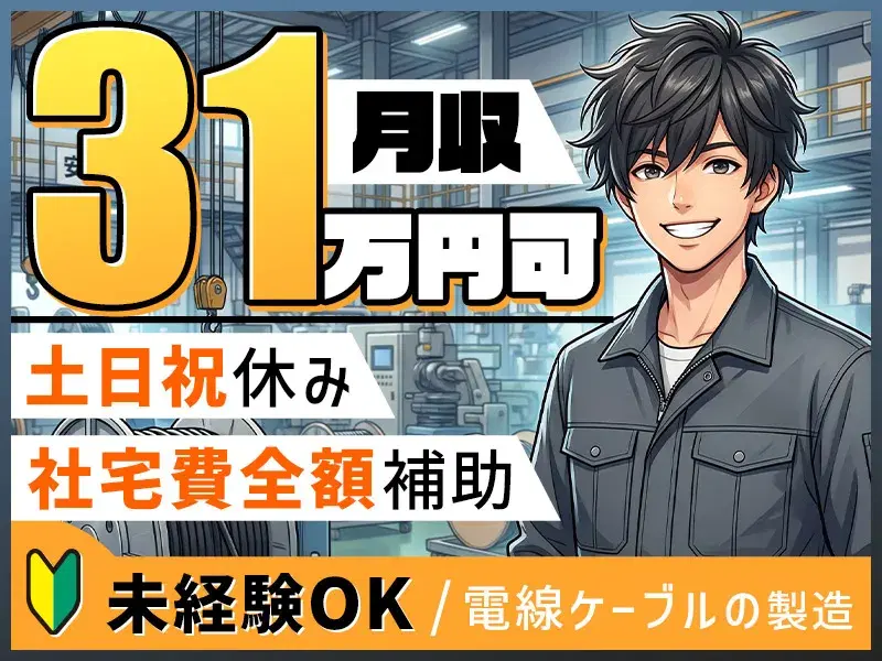 土日祝休み◎未経験OK＆月収31万円可！電線ケーブルの製造♪モクモク繰り返し作業◎社宅費全額補助の画像