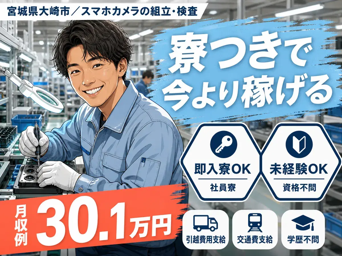 40・50代活躍｜スマホカメラの組立・検査スタッフで月収例30.1万円／寮完備＜宮城県＞の画像