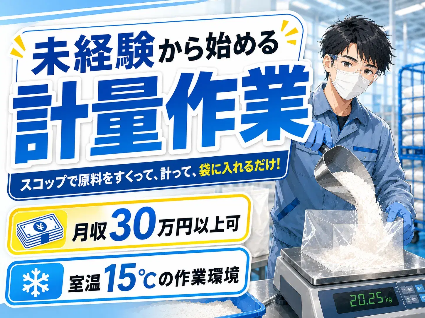 工場内作業スタッフ/原料の計量・袋詰め/3交替