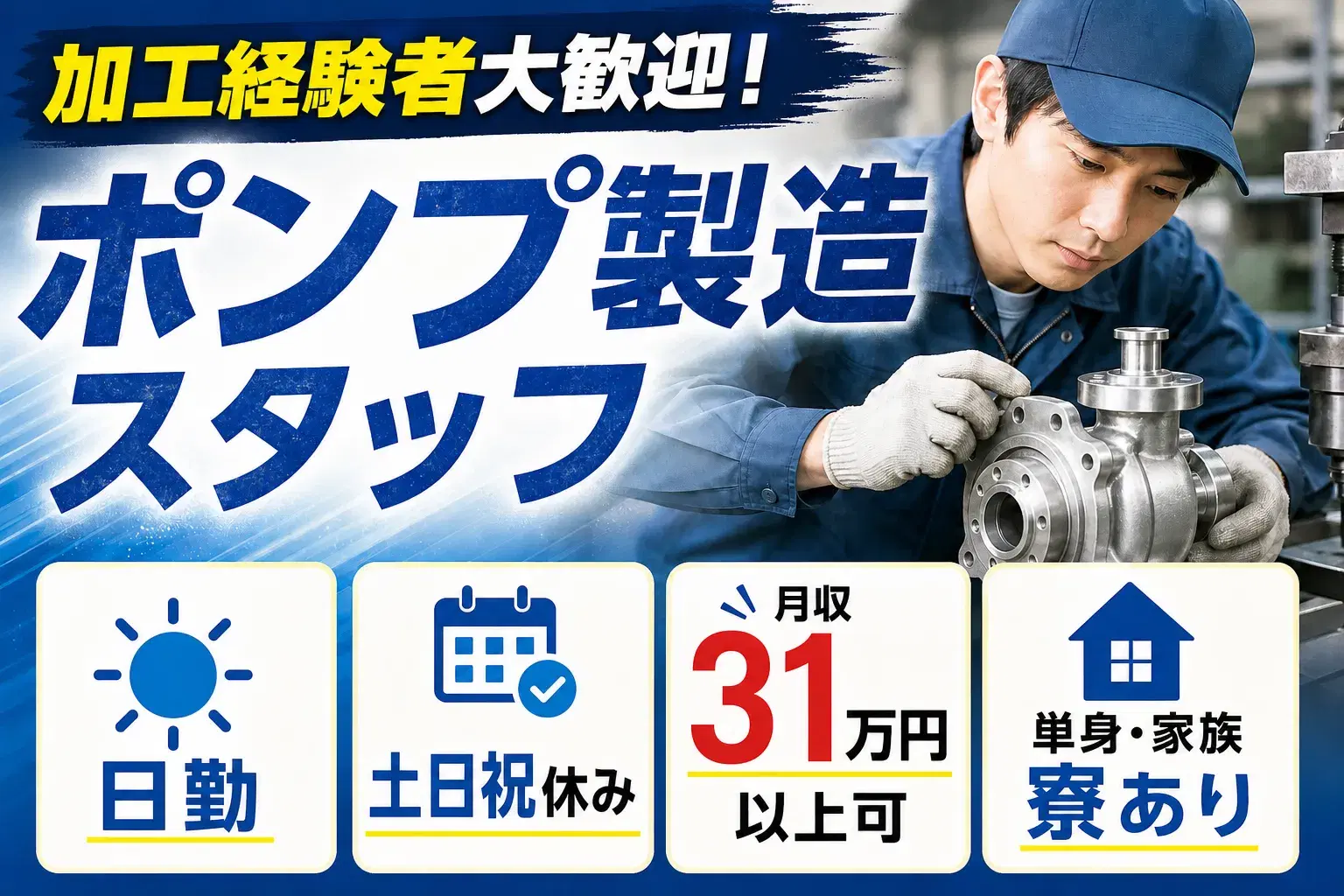 ポンプ製造/加工経験活かせる/土日祝休み