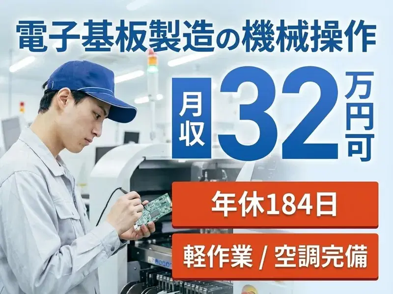 【月の半分がお休み!月収32万円可】軽作業☆電子基板製造の機械操作・運搬など!
