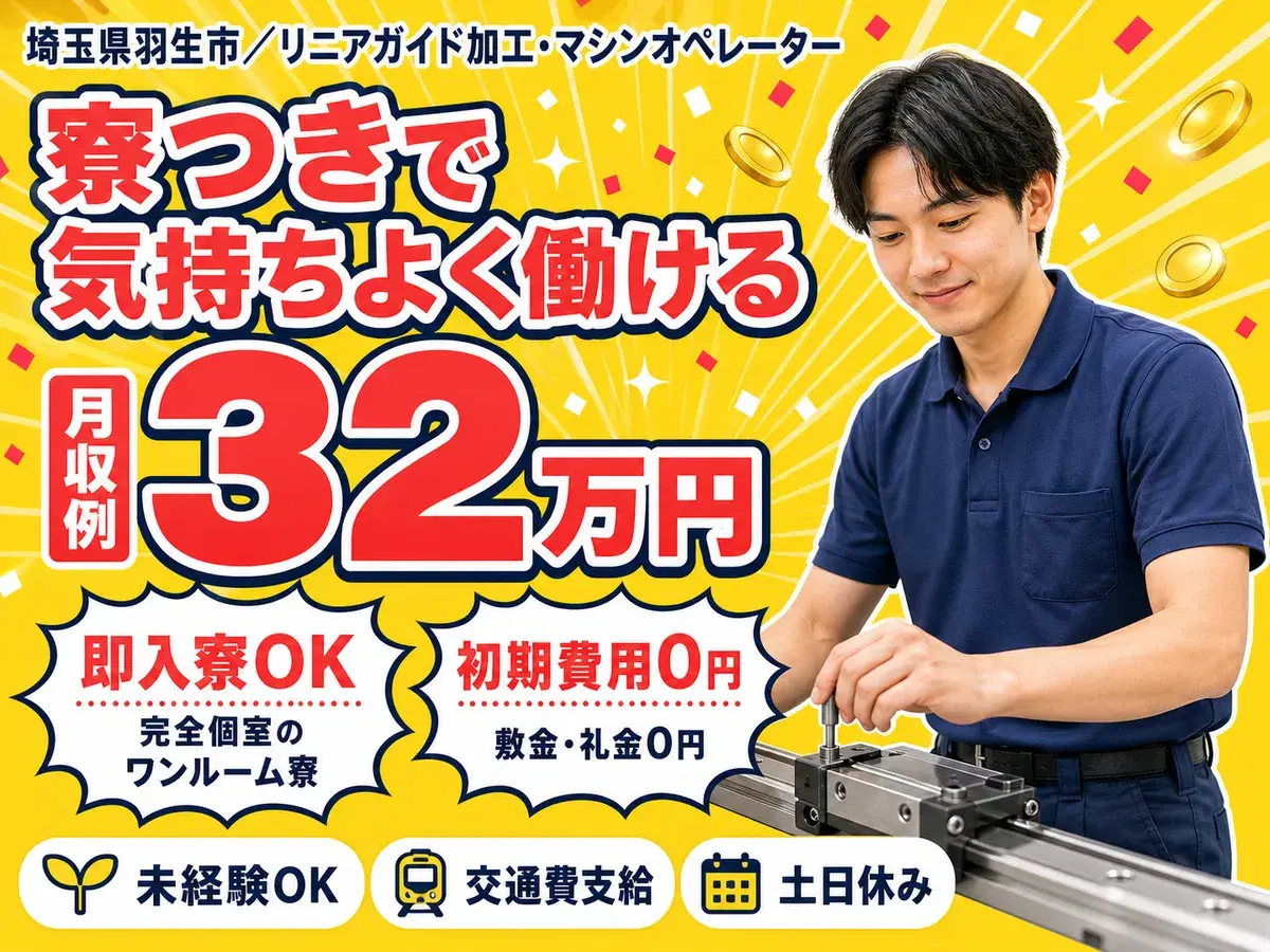 月収例32万円!<埼玉県×寮費0円>リニアガイドの加工|稼げる高収入の画像