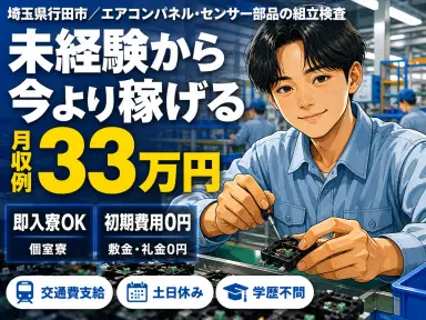 がっつり稼ぐならエアコンパネルの検査・組立◎月収例33万円・寮完備<埼玉県>の画像