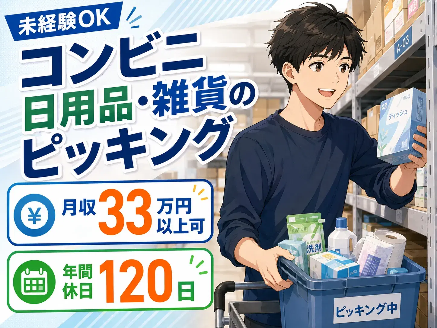 倉庫内軽作業/コンビニ日用品・雑貨のピッキング/3交替の画像