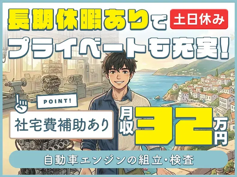 【高収入×社宅費補助】名古屋市の人気エリアで住み込み勤務!年間休日120日以上の大手企業でエンジンの組立・検査☆未経験から正社員も目指せる!の画像