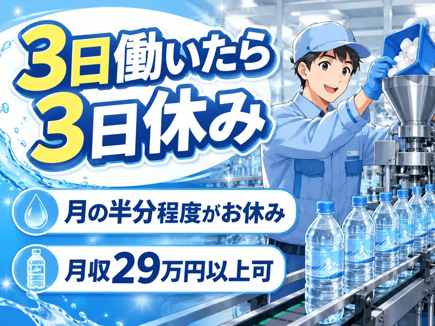 ミネラルウォーターの製造サポート/2交替/年休180日