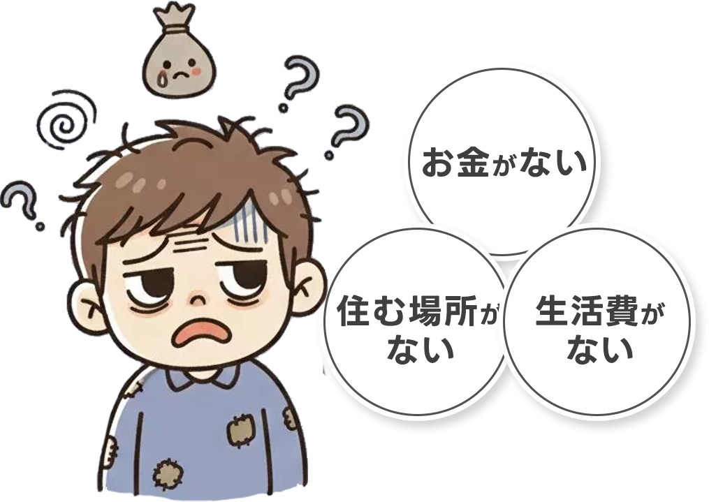 お金がない、住む場所がない、生活費がない人のイラスト